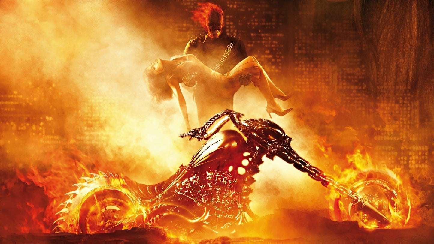 x628 - Ghost Rider Nicolas Cage mit Bike im Feuer und Frau im Arm Unsterblicher Superheld Motorrad Filme - MEGA XXXL 160X90 CM Leinwandbilder inkl. Holzrahmen