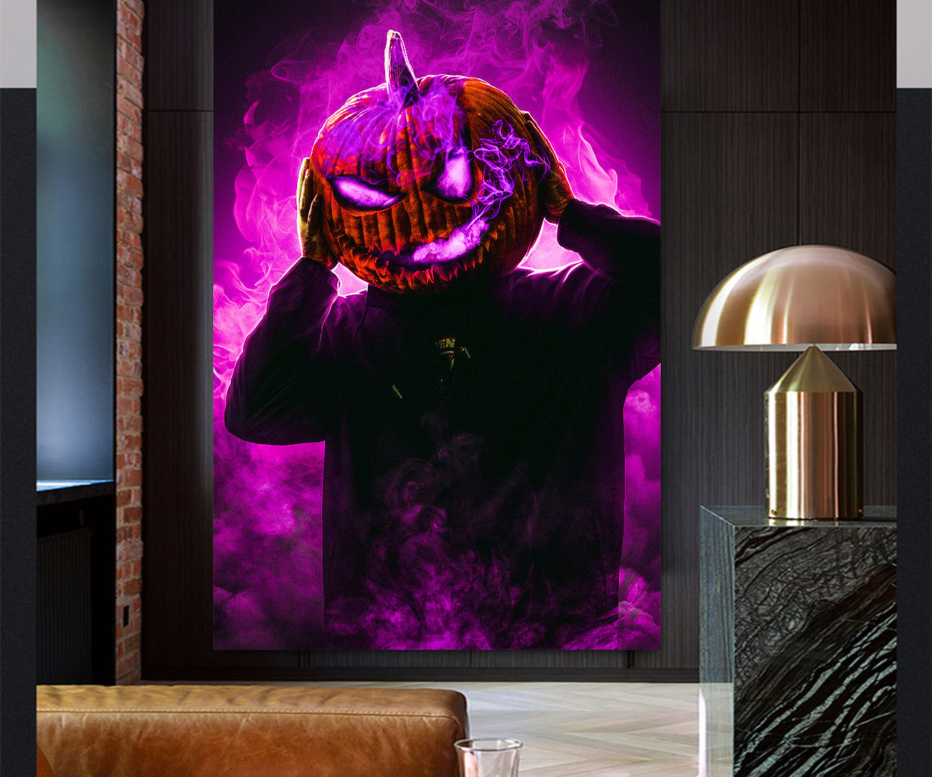 x641 XXL Leinwandbilder Halloween Kürbis Kopf Bad Look Böser Blick Gruseln Rauch Violett Purple Nacht - MEGA XXXL 160X90 CM Leinwandbilder inkl. Holzrahmen