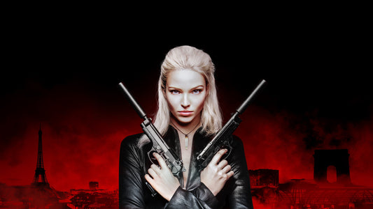 x649 XXL leinwandbilder Actionfilm 2 Waffen Rot Blondine Frau Gesicht - MEGA XXXL 160X90 CM Leinwandbilder inkl. Holzrahmen