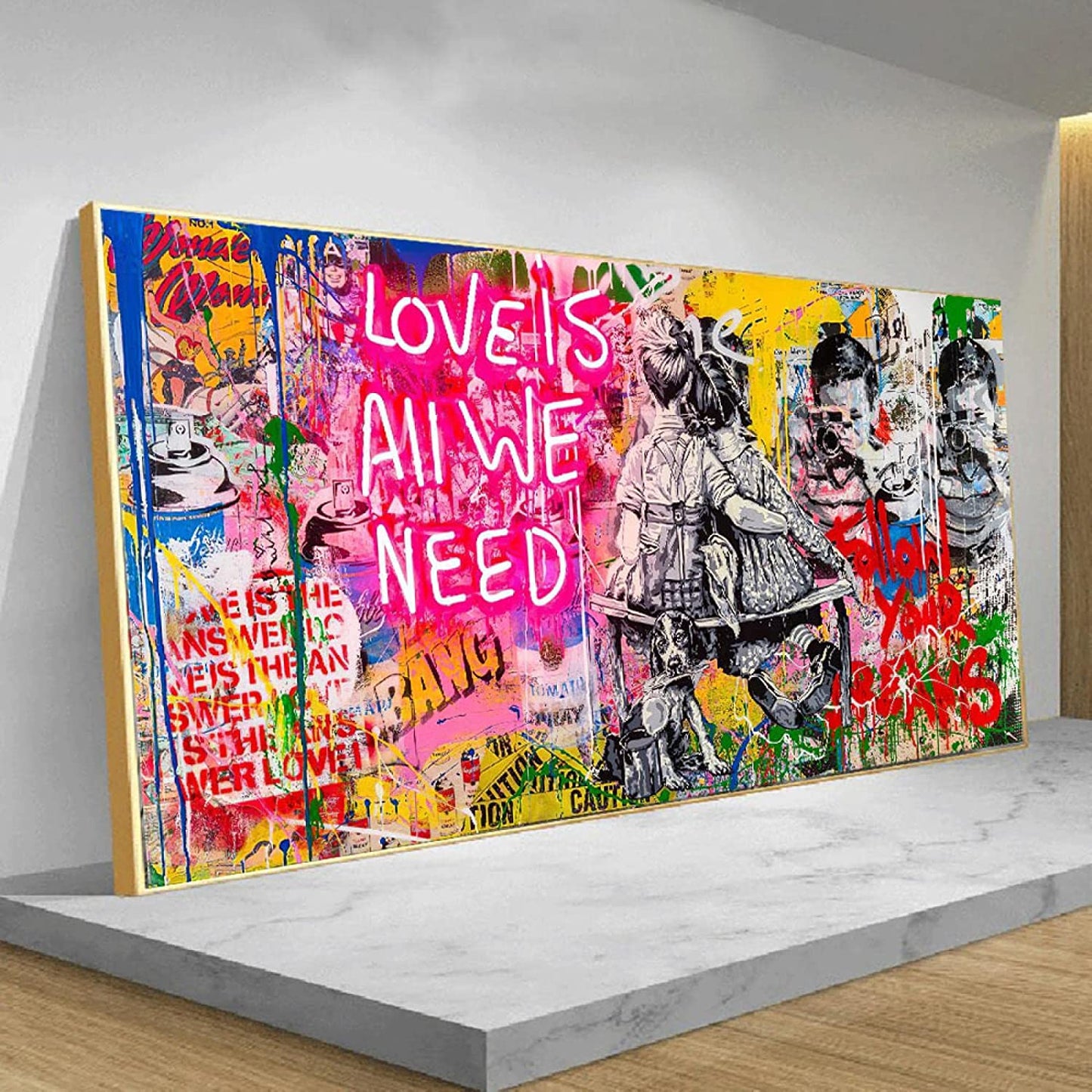 MEGA XXXL 160X90 CM Leinwandbilder inkl. Holzrahmen Banksy LOVE IS ALL WE NEED