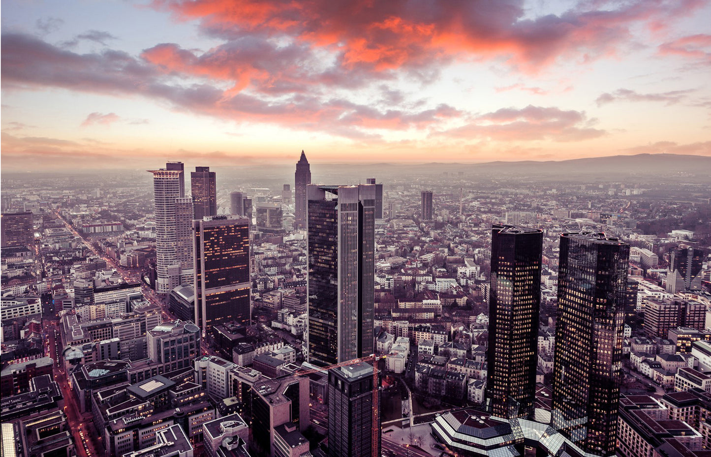 L195 - MEGA XXXL 160X90 CM Leinwandbilder inkl. Holzrahmen - FRANKFURT SKYLINE LILA WOLKEN HIMMEL NATUR