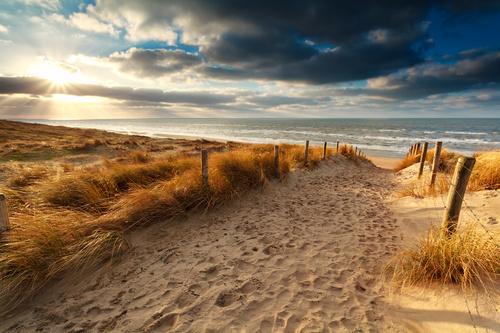 L303 - MEGA XXXL 160X90 CM Leinwandbilder inkl. Holzrahmen - STEG DÜNE WÜSTE HIMMEL BLAU BRAUN MEER