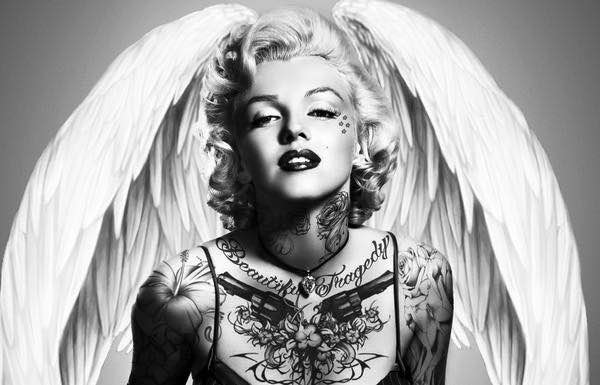 MEGA XXXL 160X90 CM Leinwandbilder inkl. Holzrahmen - MARILYN MONROE SCHWARZ WEISS ENGEL HOLLYWOOD TATTOO