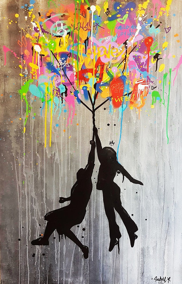 MEGA XXXL 160X90 CM Leinwandbilder inkl. Holzrahmen X153 Banksy Bunter Regenschirm