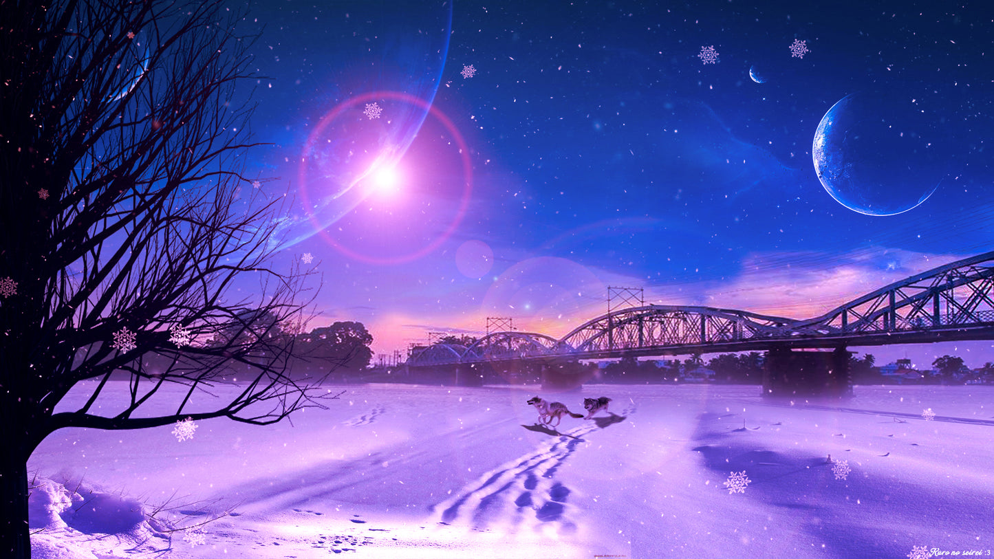X161 - MEGA XXXL 160X90 CM Leinwandbilder inkl. Holzrahmen - Nachthimmel Lila Violett Stern Mond Himmel Schnee im Winter