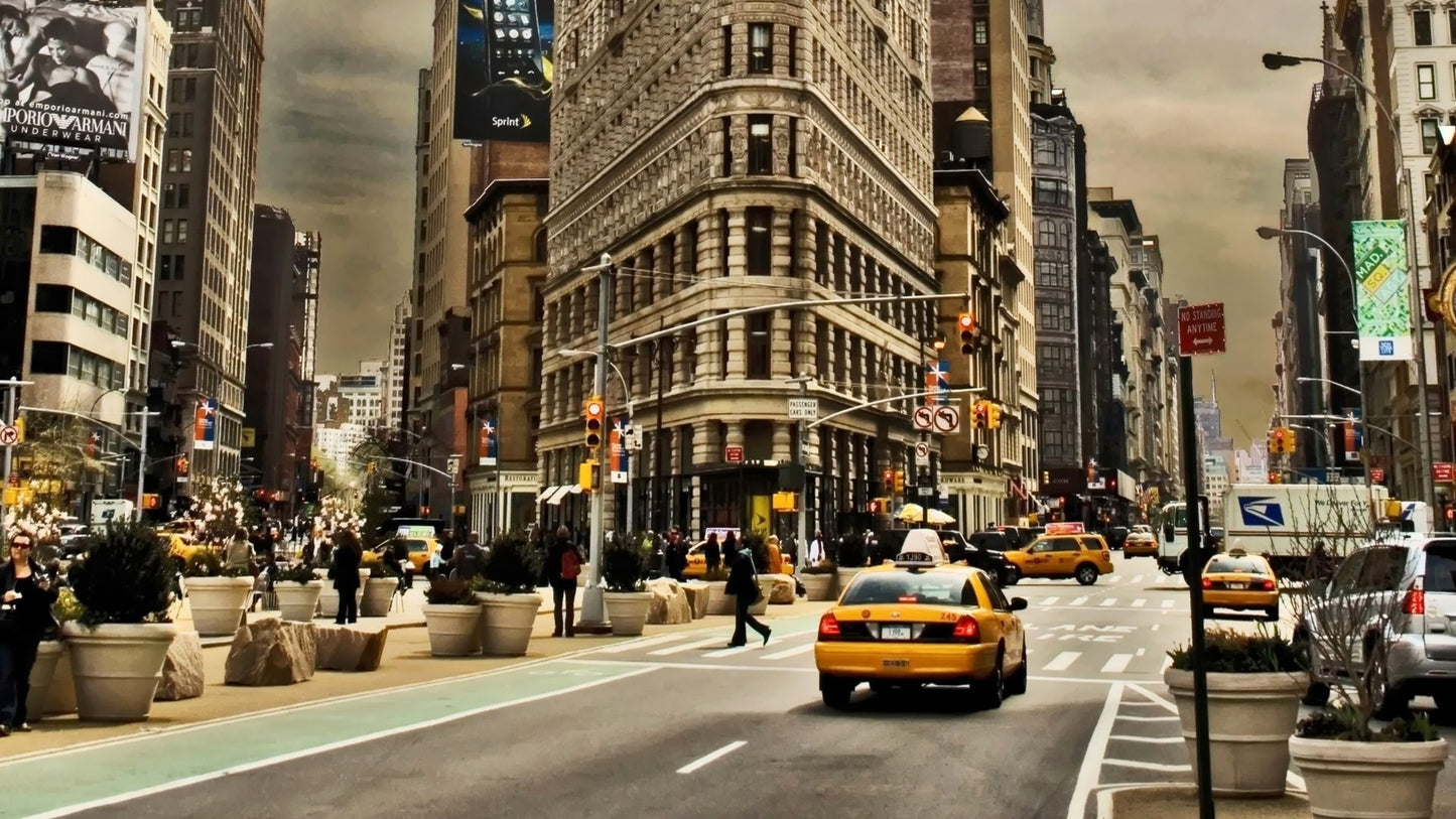 X168 - MEGA XXXL 160X90 CM Leinwandbilder inkl. Holzrahmen - New Yorker Skyline Gelbes Taxi Sepia Städte