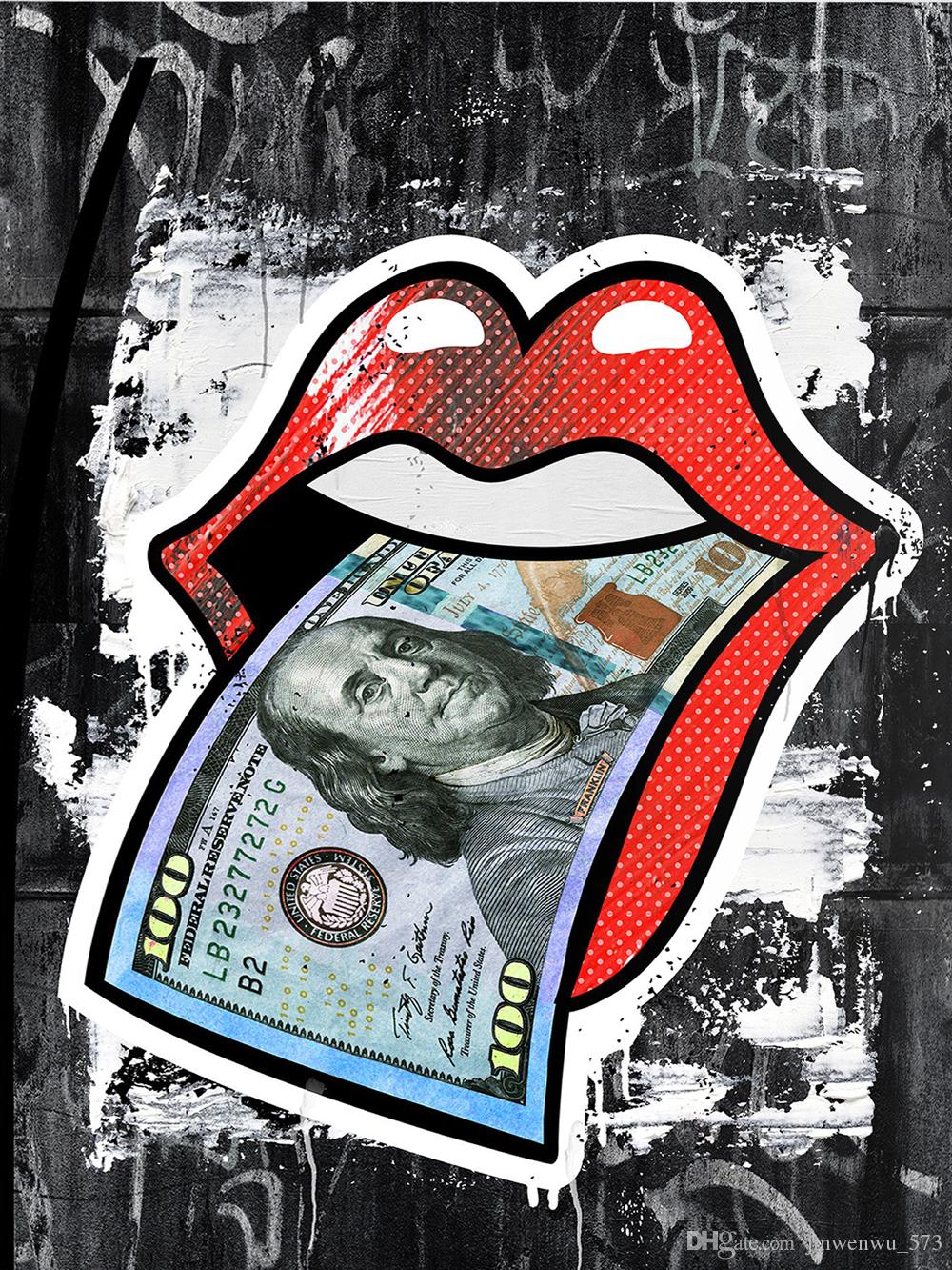 X224 - MEGA XXXL 160X90 CM Leinwandbilder inkl. Holzrahmen - Moneten im Mund Lippen Rot Geldschein Dollar Grunge