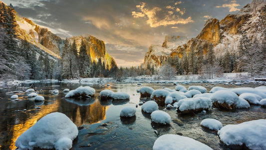 X268 - MEGA XXXL 160X90 CM Leinwandbilder inkl. Holzrahmen - Yosemite Park Schnee und Eis See