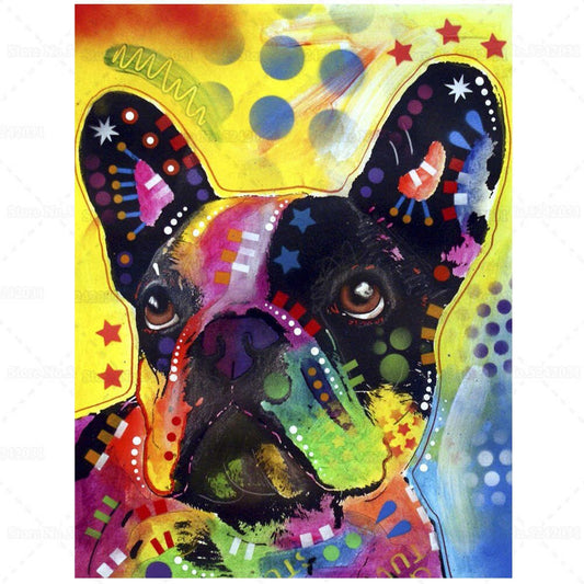 X304 - MEGA XXXL 160X90 CM Leinwandbilder inkl. Holzrahmen - Bulldogge Hund Tiere Handgemaltes Gemälde Bunt