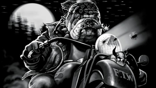 X338 -MEGA XXXL 160X90 CM Leinwandbilder inkl. Holzrahmen- Bulldogge Biker Schwarz Weiß Motorrad