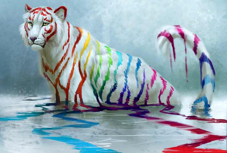 X362 - MEGA XXXL 160X90 CM Leinwandbilder inkl. Holzrahmen - Tiger in Farbstreifen Bunt Tiere Cool