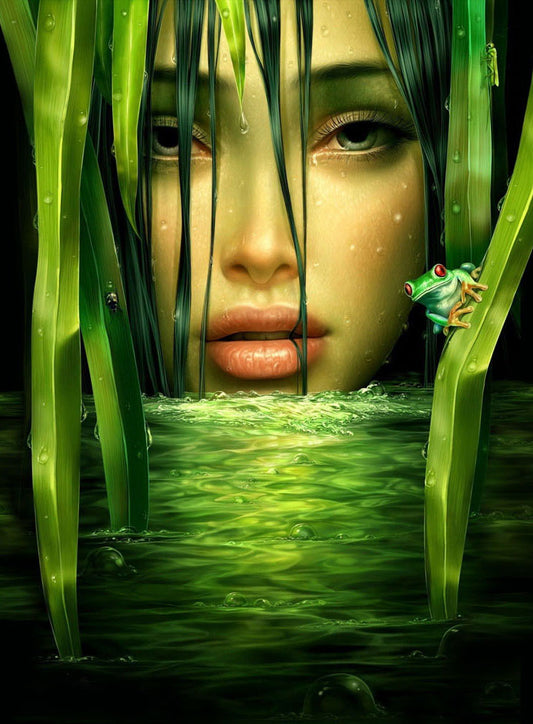 X68 MEGA XXXL 160X90 CM Leinwandbilder inkl. Holzrahmen 3D GREEN GIRL FROSCH NATUR DIGITAL MODERN ART ABSTRAKT