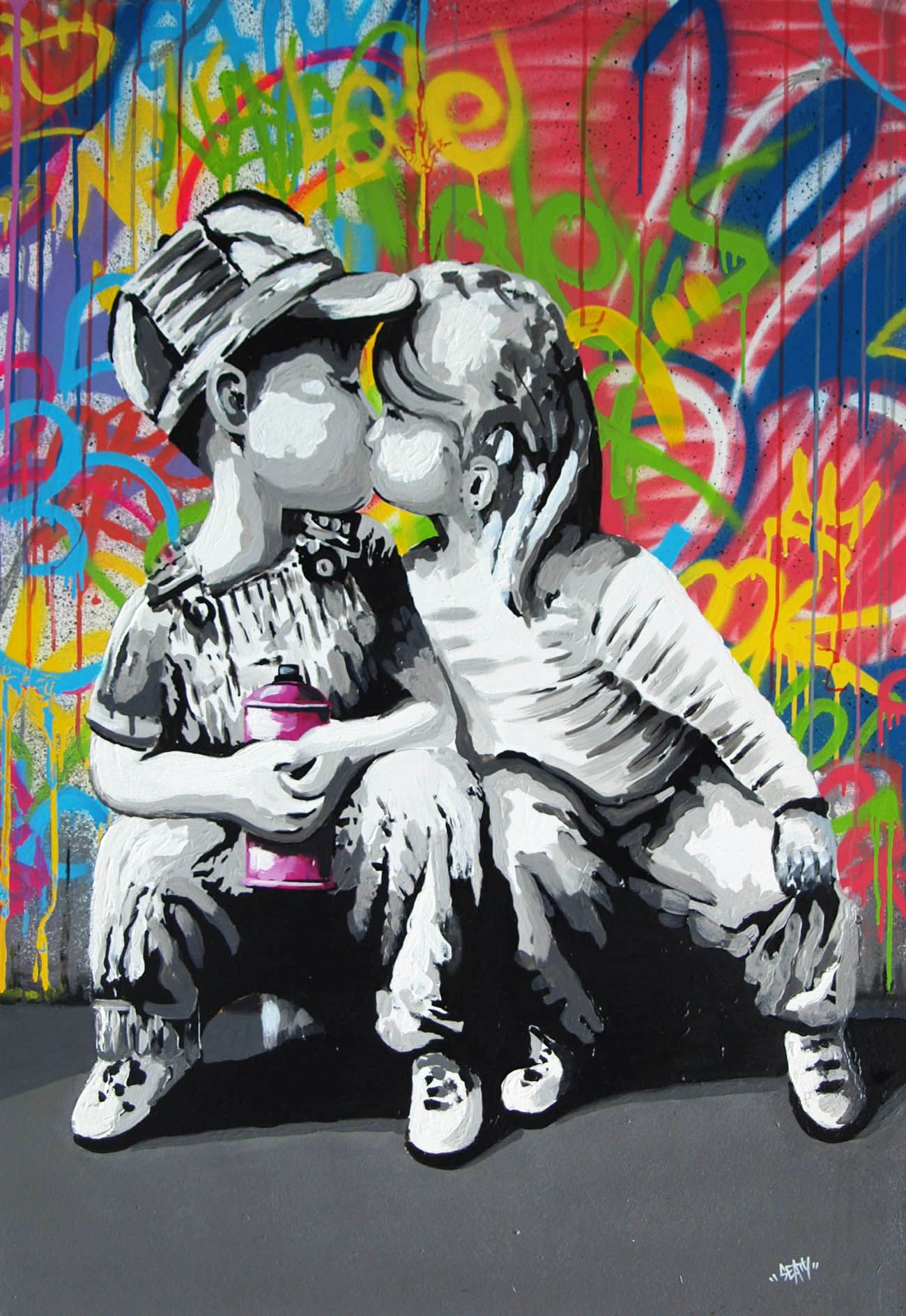 MEGA XXXL 160X90 CM Leinwandbilder inkl. Holzrahmen X71 Banksy Schmatzer