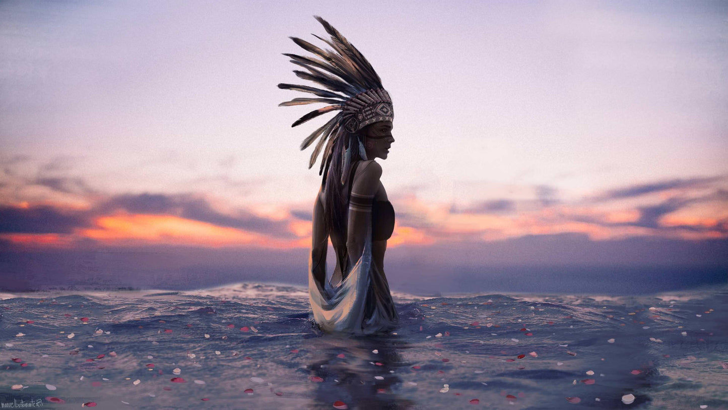 X8 - MEGA XXXL 160X90 CM Leinwandbilder inkl. Holzrahmenr Indianer im Wasser Apache Lila Sonnenuntergang Natur Meer Frau
