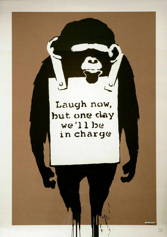 MEGA XXXL 160X90 CM Leinwandbilder inkl. Holzrahmen XXL Leinwandbild Banksy Affenstark Laugh now but one day we ll be in charge