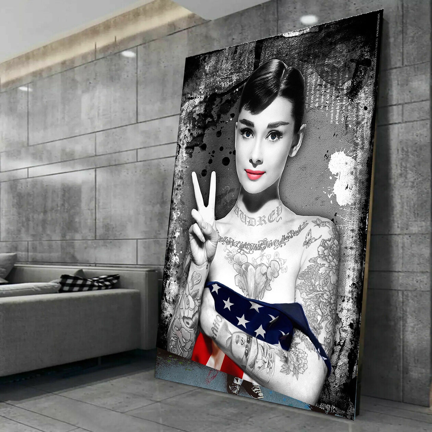 MEGA XXXL 160X90 CM Leinwandbilder inkl. Holzrahmen AUDREY HEPBURN Flagge