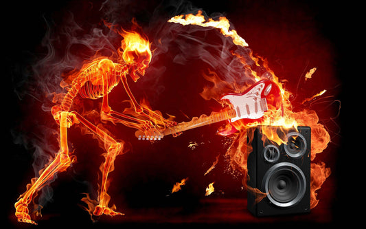 MEGA XXXL 160X90 CM Leinwandbilder inkl. Holzrahmen - Skelett Feuer Musik Gitarre Rot Orange Rock n Roll
