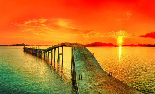 MEGA XXXL 160X90 CM Leinwandbilder inkl. Holzrahmen - Steg Natur Sonne Sommer Sonnenuntergang Orange Rot Gruen Meer